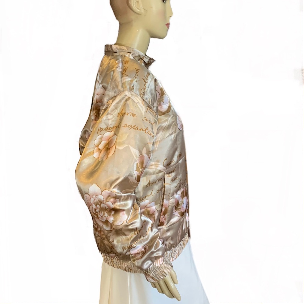 VINTAGE OLEG CASSINI FLORAL PRINT CREAM A  PINK BLUSH SATIN BOMBER JACKET (M) - Picture 4 of 13